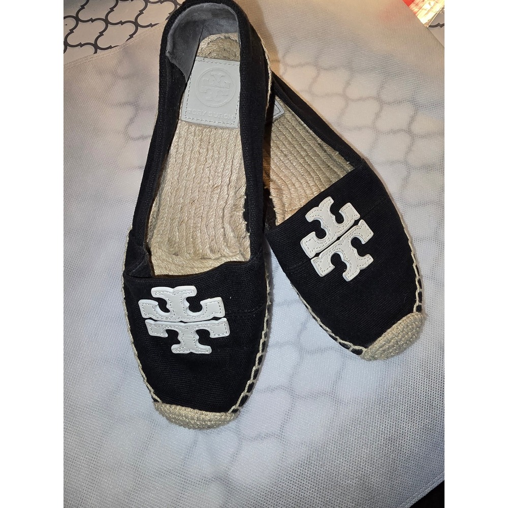 Tory Burch Ines Espadrille Black Canvas White Logo Flats 6.5 40034